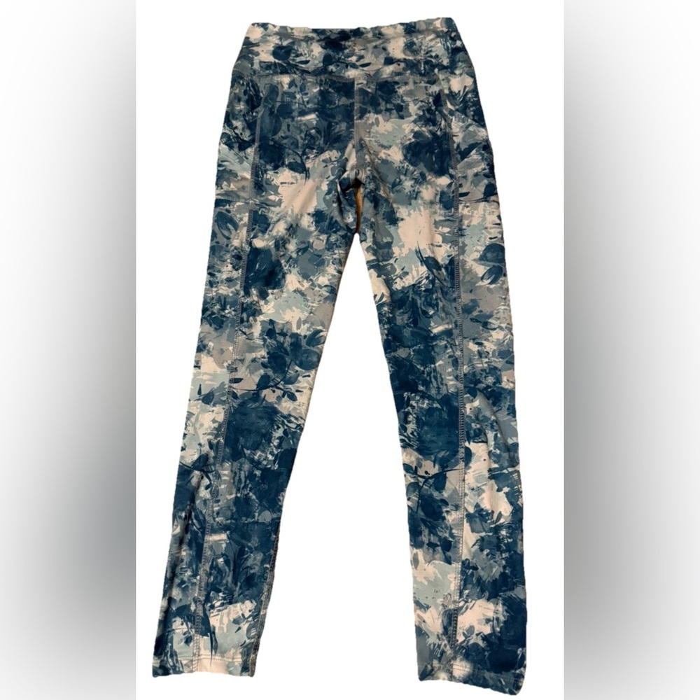 Blue Patterned Women's Athletic Leggings, Enlighten, size small, side V pockets